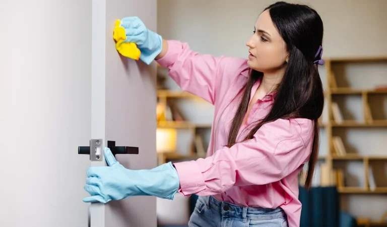 Woman in pink dress and blue gloves cleaning door with a yellow cloth.
