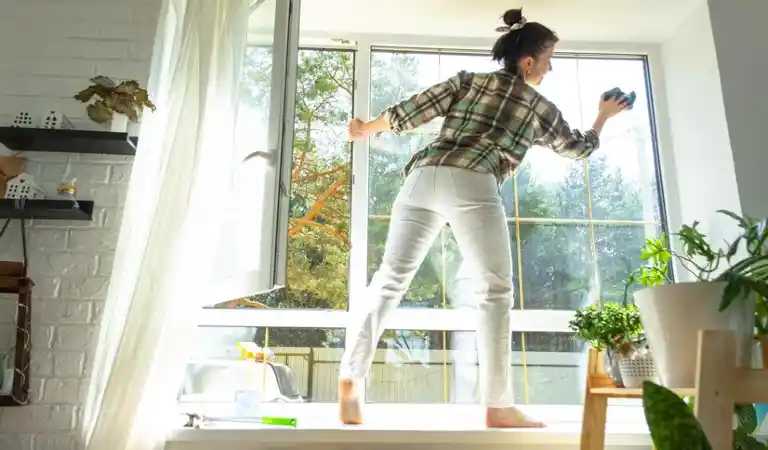 Lady in check shirt and white pant cleaning window