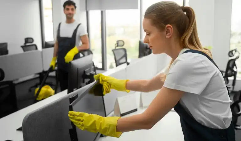Lady in uniform cleaning a computer in a office.