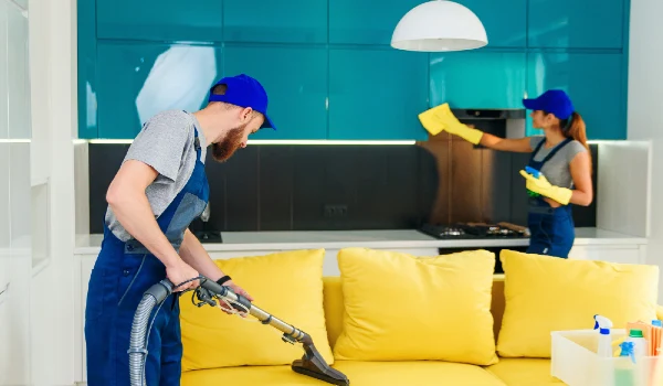 Young man with vacuum cleaner washing with vapor yellow sofa and woman wipes cuisine furniture
