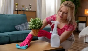 A woman is diligently cleaning her lovely home with vibrant plants and a spray bottle