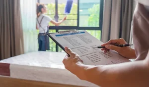 midsection-man-holding-checklist-while-woman-cleaning-window-hospital