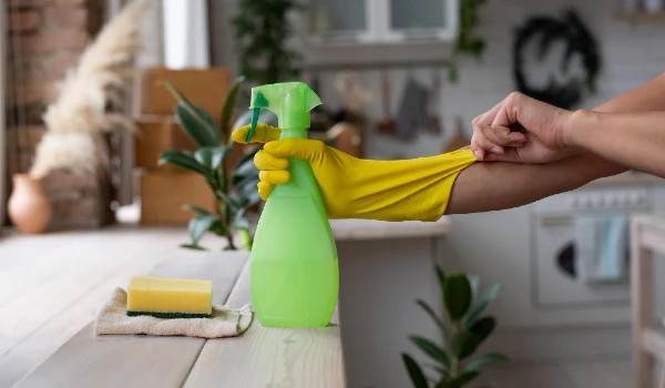 Cleaning service housekeeping hygiene and cleanliness the girl puts on a yellow rubber glove