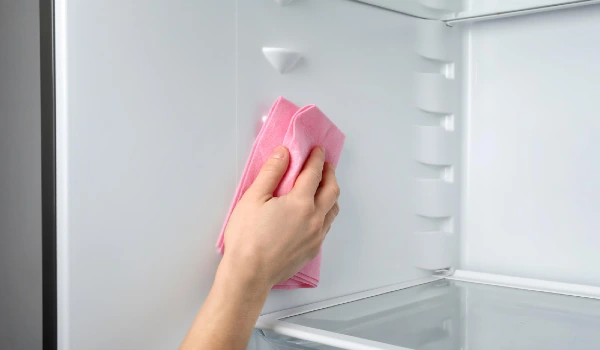 Woman cleaning refrigerator with rag closeup